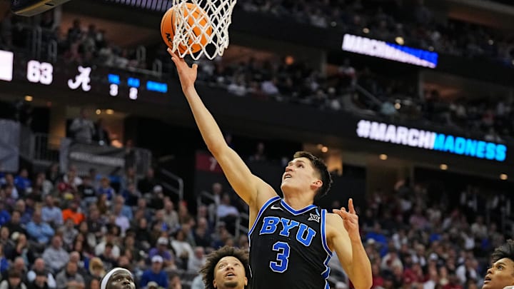 Mar 27, 2025; Newark, NJ, USA; Brigham Young Cougars guard Egor Demin (3) drives to the basket against Alabama Crimson Tide guard Mark Sears (1) during the second half during an East Regional semifinal of the 2025 NCAA tournament at Prudential Center. Mandatory Credit: Robert Deutsch-Imagn Images
