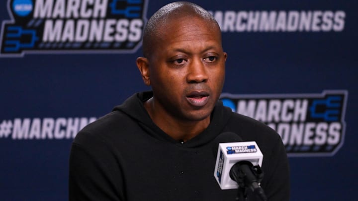 Mar 19, 2026; St. Louis, MO, USA; Missouri Tigers head coach Dennis Gates talks with the media during a practice session ahead of the first round of the men's 2026 NCAA Tournament at Enterprise Center. 