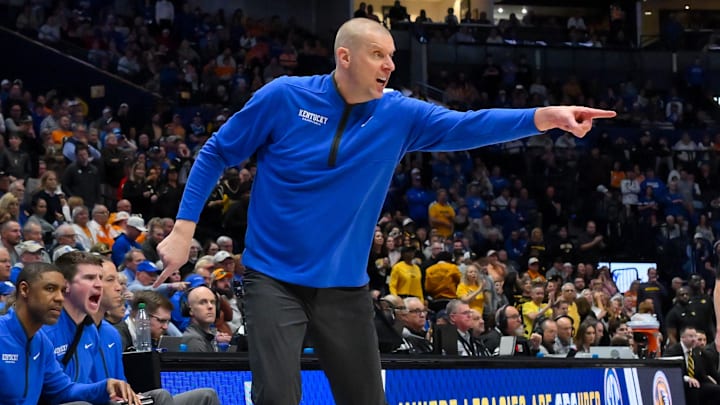 Mar 12, 2026; Nashville, TN, USA;  Kentucky Wildcats head coach Mark Pope yells to his team against the Missouri Tigers during the second half at Bridgestone Arena. Mandatory Credit: Steve Roberts-Imagn Images