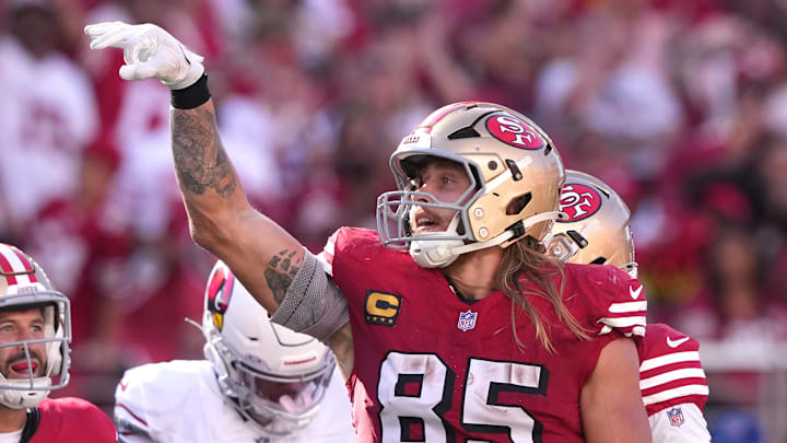 Oct 6, 2024; Santa Clara, California, USA; San Francisco 49ers tight end George Kittle (85) gestures after a catch against the Arizona Cardinals during the fourth quarter at Levi's Stadium. Mandatory Credit: Darren Yamashita-Imagn Images