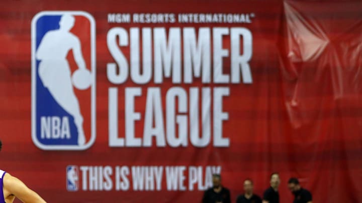 Jul 15, 2017; Las Vegas, NV, USA; An NBA Summer League logo is visible behind Los Angeles Lakers guard Lonzo Ball during the second half against the Brooklyn Nets at Thomas & Mack Center. Mandatory Credit: Mark J. Rebilas-Imagn Images Jul 15, 2017; Las Vegas, NV, USA; An NBA Summer League logo is visible behind Los Angeles Lakers guard Lonzo Ball during the second half against the Brooklyn Nets at Thomas & Mack Center. Mandatory Credit: Mark J. Rebilas-Imagn Images