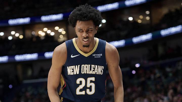 Mar 8, 2026; New Orleans, Louisiana, USA; New Orleans Pelicans forward Trey Murphy III (25) reacts after banging his hand during the second half against the Washington Wizards at Smoothie King Center. Mandatory Credit: Matthew Hinton-Imagn Images