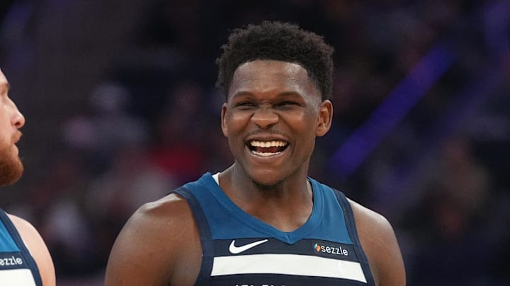 Mar 13, 2026; San Francisco, California, USA; Minnesota Timberwolves guard Anthony Edwards (5) talks with guard Donte DiVincenzo (0) during a break in the action against the Golden State Warriors in the second quarter at the Chase Center. Mandatory Credit: Cary Edmondson-Imagn Images