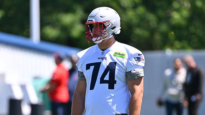 Jun 9, 2026; Foxborough, MA, USA; New England Patriots tackle Caleb Lomu (74) looks on at minicamp at Gillette Stadium. Mandatory Credit: Eric Canha-Imagn Images