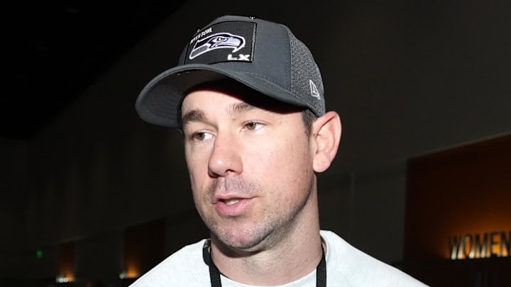 Feb 2, 2026; San Jose, CA, USA; Seattle Seahawks offensive coordinator Klint Kubiak during Opening Night for Super Bowl LX at San Jose Convention Center. Mandatory Credit: Kirby Lee-Imagn Images