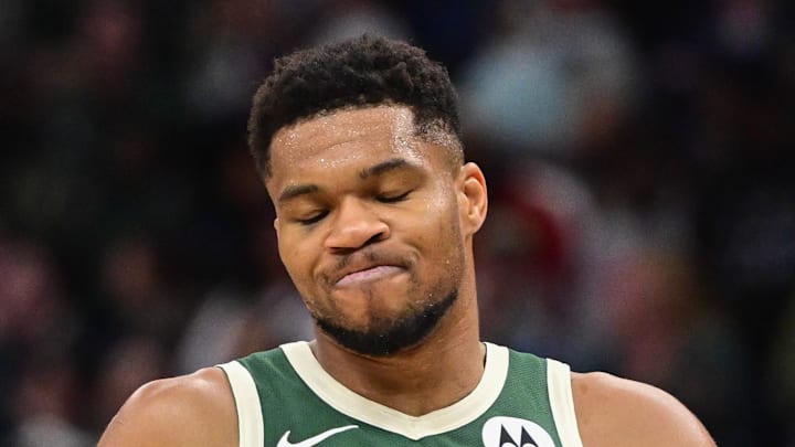 Milwaukee Bucks forward Giannis Antetokounmpo (34) reacts after missing a shot late in the fourth quarter against the Sacramento Kings at Fiserv Forum on November 1, 2025.