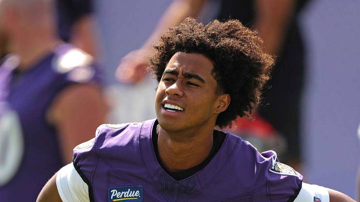 Jul 29, 2026; Ownings Mills, MD, USA; Baltimore Ravens wide receiver Ja’Kobi Lane (6) stretches during practice at the Under Armour Performance Center. 