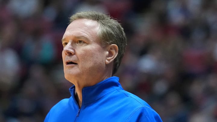 Mar 22, 2026; San Diego, CA, USA; Kansas Jayhawks head coach Bill Self looks on in the first half against the St. John's Red Storm during a second round game of the men's 2026 NCAA Tournament at Viejas Arena. Mandatory Credit: Kirby Lee-Imagn Images Mar 22, 2026; San Diego, CA, USA; Kansas Jayhawks head coach Bill Self looks on in the first half against the St. John's Red Storm during a second round game of the men's 2026 NCAA Tournament at Viejas Arena. Mandatory Credit: Kirby Lee-Imagn Images
