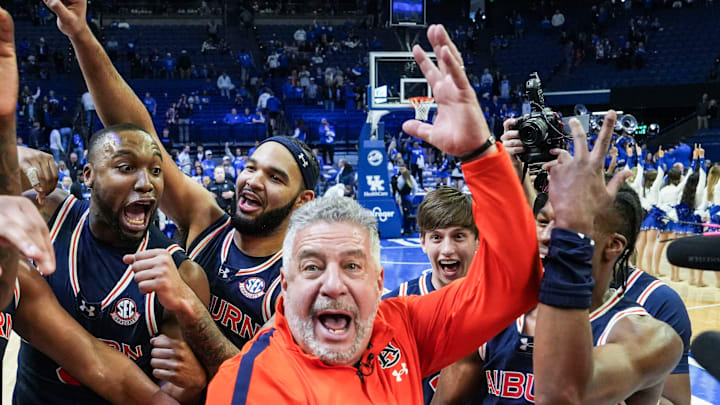 Auburn head coach Bruce Pearl and his No.1 Tigers celebrate after 94-78 win over Kentucky -- the first win at Rupp Arena since 1988 in SEC basketball Saturday afternoon in Lexington, Kentucky March 1, 2025 Auburn head coach Bruce Pearl and his No.1 Tigers celebrate after 94-78 win over Kentucky -- the first win at Rupp Arena since 1988 in SEC basketball Saturday afternoon in Lexington, Kentucky March 1, 2025