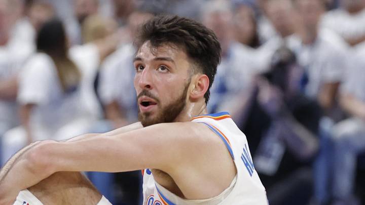 May 26, 2026; Oklahoma City, Oklahoma, USA; Oklahoma City Thunder center Chet Holmgren (7) reacts after a play during the third quarter against the San Antonio Spurs in game five of the western conference finals for the 2026 NBA playoffs at Paycom Center. Mandatory Credit: Alonzo Adams-Imagn Images