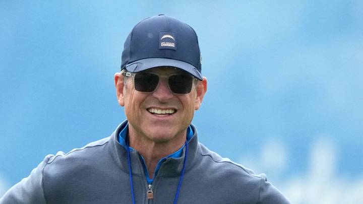 Los Angeles Chargers head coach Jim Harbaugh; Kirby Lee