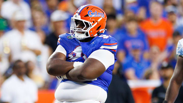 Florida Gators defensive lineman Michai Boireau (93) gestures after a sack against the Long Island Sharks during the first half at Ben Hill Griffin Stadium.