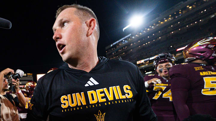 Sep 13, 2025; Tempe, Arizona, USA; Arizona State Sun Devils head coach Kenny Dillingham looks around after a game against Texas State Bobcats at Mountain America Stadium. Mandatory Credit: Arianna Grainey-Imagn Images Sep 13, 2025; Tempe, Arizona, USA; Arizona State Sun Devils head coach Kenny Dillingham looks around after a game against Texas State Bobcats at Mountain America Stadium. Mandatory Credit: Arianna Grainey-Imagn Images
