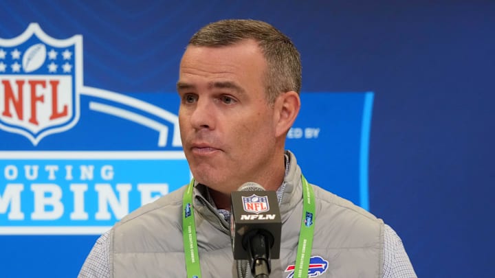 Feb 25, 2025; Indianapolis, IN, USA; Buffalo Bills general manager Brandon Beane speaks during the NFL Scouting Combine at the Indiana Convention Center. Mandatory Credit: Kirby Lee-Imagn Images