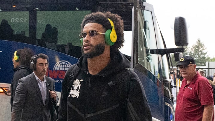 Oregon quarterback Dante Moore arrives at the stadium as the Oregon Ducks face the Penn State Nittany Lions on Sept. 27, 2025, at Beaver Stadium in University Park, Pennsylvania.