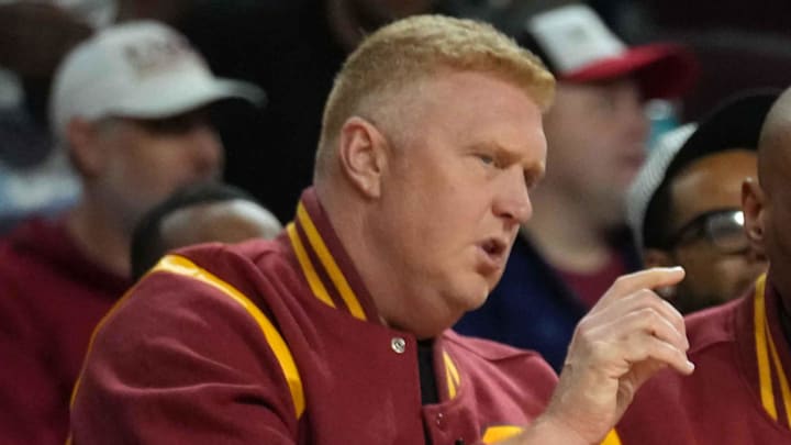 Feb 21, 2026; Los Angeles, California, USA; Brian Scalabrine watches during the game between the Oregon Ducks and the Southern California Trojans at Galen Center. Mandatory Credit: Kirby Lee-Imagn Images