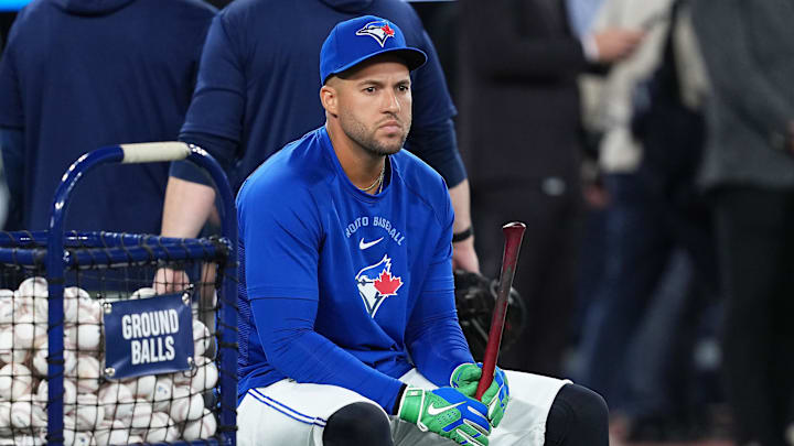 Mar 27, 2026; Toronto, Ontario, CAN; Toronto Blue Jays right fielder George Springer (4) sits during batting practice before a game against the Athletics at Rogers Centre. Mandatory Credit: Nick Turchiaro-Imagn Images