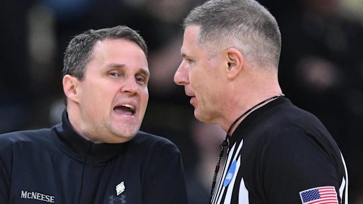 Mar 22, 2025; Providence, RI, USA; McNeese State Cowboys head coach Will Wade talks to an official during the second half of a second-round men’s NCAA Tournament game against the Purdue Boilermakers at Amica Mutual Pavilion. Mandatory Credit: Brian Fluharty-Imagn Images Mar 22, 2025; Providence, RI, USA; McNeese State Cowboys head coach Will Wade talks to an official during the second half of a second-round men’s NCAA Tournament game against the Purdue Boilermakers at Amica Mutual Pavilion. Mandatory Credit: Brian Fluharty-Imagn Images
