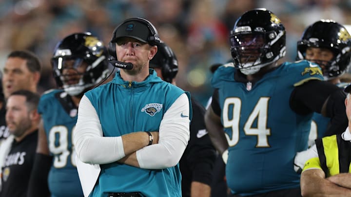 Oct 6, 2025; Jacksonville, Florida, USA; Jacksonville Jaguars head coach Liam Coen during the second half against the Kansas City Chiefs at EverBank Stadium. Mandatory Credit: Nathan Ray Seebeck-Imagn Images