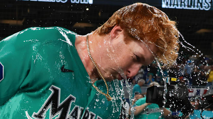 Mar 29, 2026; Miami, Florida, USA; Miami Marlins right fielder Owen Caissie (17) is doused with water after hitting a two-run walk-off home run against the Colorado Rockies during the ninth inning at loanDepot Park. Mandatory Credit: Sam Navarro-Imagn Images Mar 29, 2026; Miami, Florida, USA; Miami Marlins right fielder Owen Caissie (17) is doused with water after hitting a two-run walk-off home run against the Colorado Rockies during the ninth inning at loanDepot Park. Mandatory Credit: Sam Navarro-Imagn Images