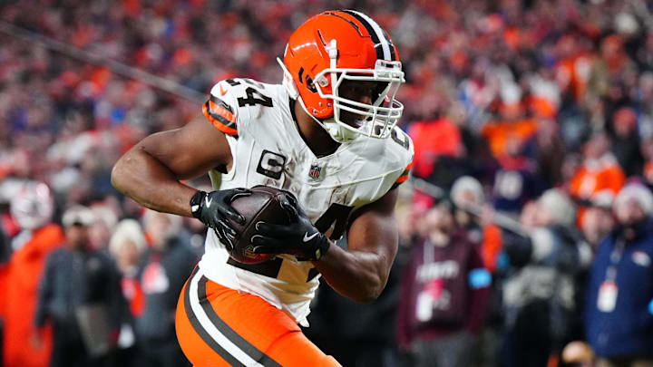 Dec 2, 2024; Denver, Colorado, USA; Cleveland Browns running back Nick Chubb (24) scores a touchdown in the fourth quarter against the Denver Broncos at Empower Field at Mile High. Mandatory Credit: Ron Chenoy-Imagn Images