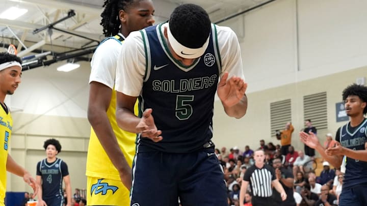 July 15, 2025; North Augusta, South Carolina, USA; Oakland Soldiers Jason Crowe Jr. (5) celebrates after a play during the Oakland Soldiers and Team Final game at Nike EYBL Peach Jam at Riverview Park Activities Center. The Oakland Soldiers won 86-75. July 15, 2025; North Augusta, South Carolina, USA; Oakland Soldiers Jason Crowe Jr. (5) celebrates after a play during the Oakland Soldiers and Team Final game at Nike EYBL Peach Jam at Riverview Park Activities Center. The Oakland Soldiers won 86-75.
