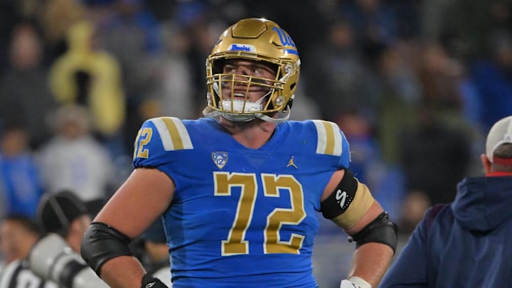 Nov 12, 2022; Pasadena, California, USA; UCLA Bruins offensive lineman Garrett DiGiorgio (72) looks on from the field after a 31-28 loss to the Arizona Wildcats at the Rose Bowl. Mandatory Credit: Jayne Kamin-Oncea-Imagn Images