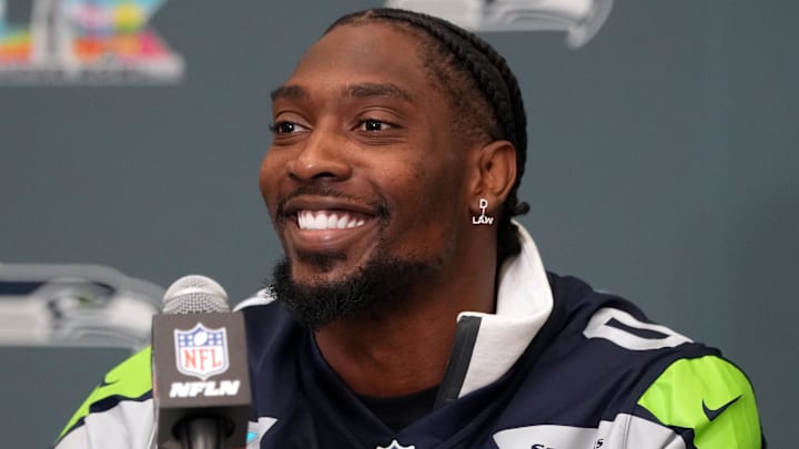 Feb 5, 2026; San Jose, CA, USA; Seattle Seahawks defensive end DeMarcus Lawrence (0) talks to media members at the San Jose Marriott. Mandatory Credit: Darren Yamashita-Imagn Images