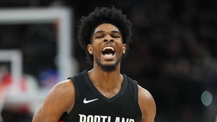 Apr 21, 2026; San Antonio, Texas, USA; Portland Trail Blazers guard Scoot Henderson (0) reacts after scoring a three point basket during the second half of game two of the first round of the 2026 NBA Playoffs against the San Antonio Spurs at Frost Bank Center. Mandatory Credit: Scott Wachter-Imagn Images