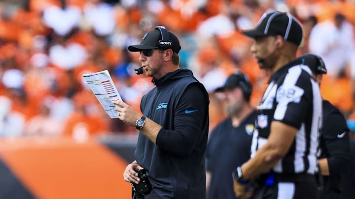 Sep 14, 2025; Cincinnati, Ohio, USA; Jacksonville Jaguars head coach Liam Coen stands on the field during the second half against the Cincinnati Bengals at Paycor Stadium. Mandatory Credit: Katie Stratman-Imagn Images