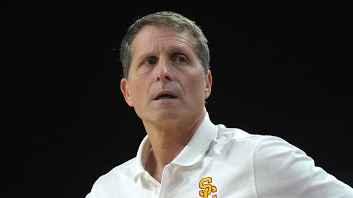 Feb 11, 2025; Los Angeles, California, USA; Southern California Trojans head coach Eric Musselman reacts during the game against the Penn State Nittany Lions at Galen Center. Mandatory Credit: Kirby Lee-Imagn Images