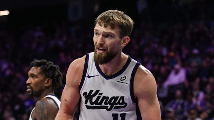 Nov 9, 2025; Sacramento, California, USA; Sacramento Kings forward Domantas Sabonis (11) reacts during the third quarter against the Minnesota Timberwolves at Golden 1 Center. 
