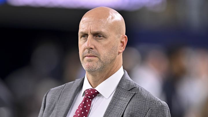 Nov 3, 2025; Arlington, Texas, USA; Arizona Cardinals general manager Monti Ossenfort looks on before the game between the Dallas Cowboys and the Arizona Cardinals at AT&T Stadium. Mandatory Credit: Jerome Miron-Imagn Images