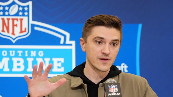 Feb 25, 2025; Indianapolis, IN, USA; Jacksonville Jaguars general manger James Gladstone speaks during the NFL Scouting Combine at the Indiana Convention Center. Mandatory Credit: Kirby Lee-Imagn Images