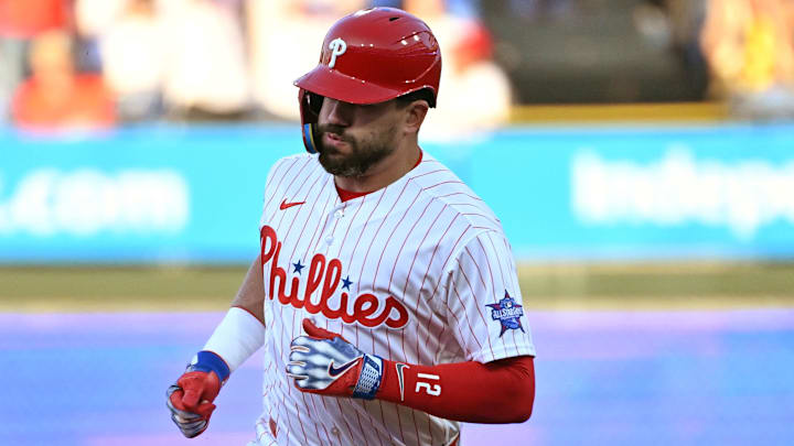 Apr 13, 2026; Philadelphia, Pennsylvania, USA; Philadelphia Phillies left fielder Kyle Schwarber (12) runs the bases after hitting a home run against the Chicago Cubs during the first inning at Citizens Bank Park. Mandatory Credit: Eric Hartline-Imagn Images Apr 13, 2026; Philadelphia, Pennsylvania, USA; Philadelphia Phillies left fielder Kyle Schwarber (12) runs the bases after hitting a home run against the Chicago Cubs during the first inning at Citizens Bank Park. Mandatory Credit: Eric Hartline-Imagn Images
