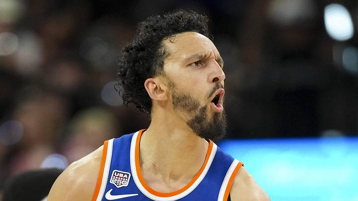 Jun 5, 2026; San Antonio, Texas, USA; New York Knicks guard Landry Shamet (44) celebrates during the fourth quarter during game two of the 2026 NBA Finals at Frost Bank Center. Mandatory Credit: Scott Wachter-Imagn Images