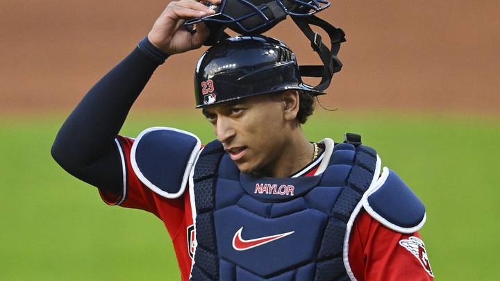 Cleveland Guardians catcher Bo Naylor (23) walks on the field