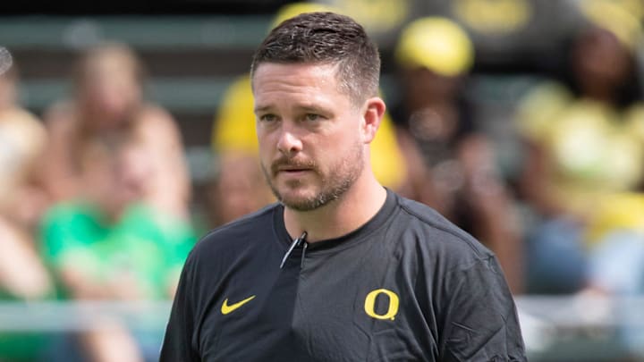 Oregon head coach Dan Lanning walks the field as the Oregon Ducks warm up to host Portland State in the Ducks    season opener Saturday, Sept. 2, 2023, at Autzen Stadium in Eugene, Ore.