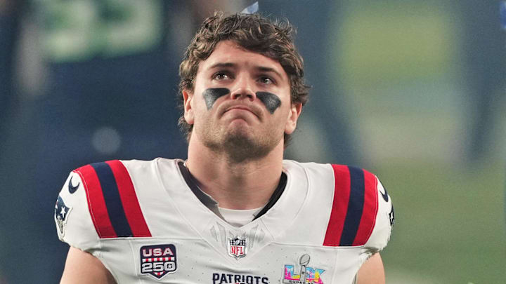 Feb 8, 2026; Santa Clara, CA, USA; New England Patriots tight end Jack Westover (37) exits the field after the loss against the Seattle Seahawks in Super Bowl LX at Levi's Stadium. Mandatory Credit: Darren Yamashita-Imagn Images