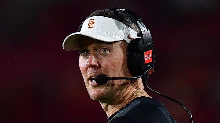 Sep 20, 2025; Los Angeles, California, USA; Southern California Trojans head coach Lincoln Riley watches game action against the Michigan State Spartans during the second half at the Los Angeles Memorial Coliseum. Mandatory Credit: Gary A. Vasquez-Imagn Images