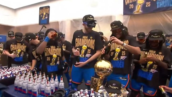 Oklahoma City Thunder players celebrate after winning the 2025 NBA Finals.
