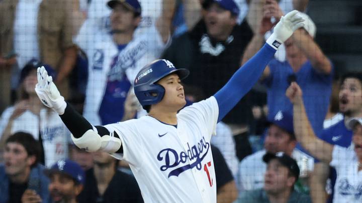 Oct 15, 2026; Los Angeles, California, USA;  Los Angeles Dodgers designated hitter Shohei Ohtani (17) reacts after hitting a three-run home run during the second inning against the Milwaukee Brewers in game four of the NLCS for the 2026 MLB Playoffs at Uniqlo Field at Dodger Stadium.  Mandatory Credit: Kiyoshi Mio-Imagn Images