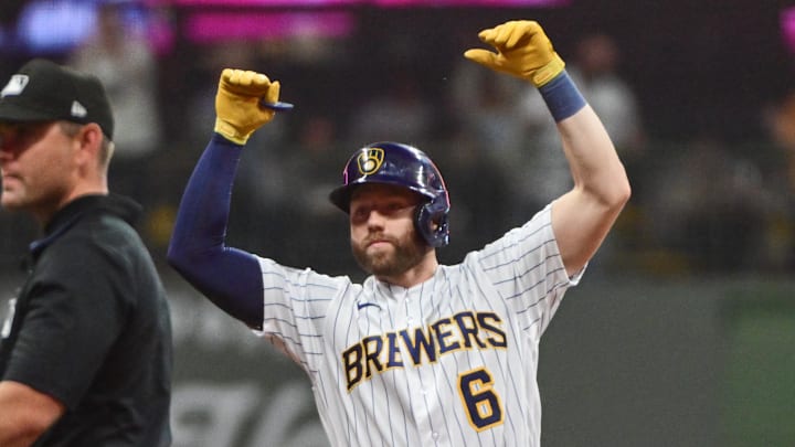 May 13, 2023; Milwaukee, Wisconsin, USA; Milwaukee Brewers third baseman Owen Miller (6) reacts after hitting a double in the ninth inning against the Kansas City Royals at American Family Field. Mandatory Credit: Benny Sieu-Imagn Images