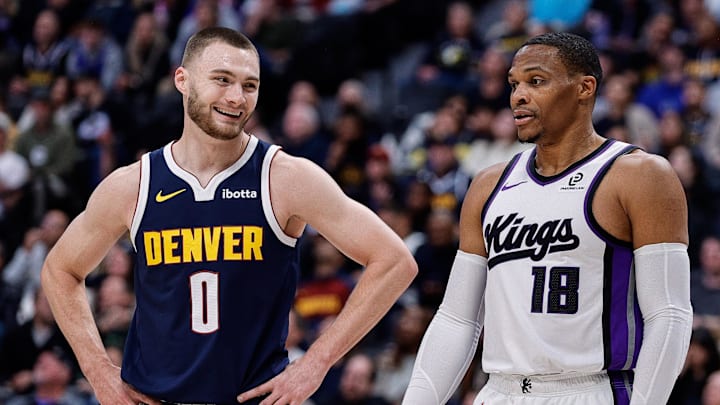 Nov 3, 2025; Denver, Colorado, USA; Denver Nuggets guard Christian Braun (0) and Sacramento Kings guard Russell Westbrook (18) in the first quarter at Ball Arena. Mandatory Credit: Isaiah J. Downing-Imagn Images Nov 3, 2025; Denver, Colorado, USA; Denver Nuggets guard Christian Braun (0) and Sacramento Kings guard Russell Westbrook (18) in the first quarter at Ball Arena. Mandatory Credit: Isaiah J. Downing-Imagn Images