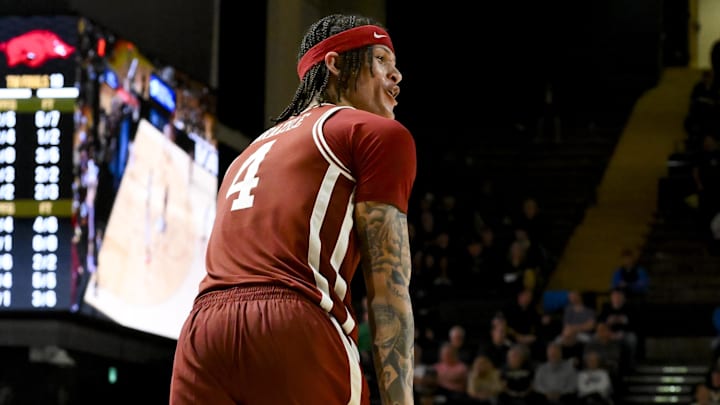  Arkansas Razorbacks forward Trevon Brazile (4) reacts after a made three point basket  against the Vanderbilt Commodores during the second half at Memorial Gymnasium.
