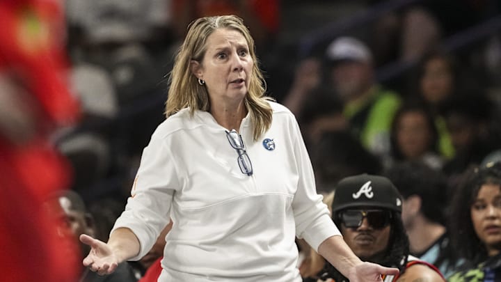 Aug 21, 2025; College Park, Georgia, USA; Minnesota Lynx head coach Cheryl Reeve questions a call during the game against the Atlanta Dream at Gateway Center Arena at College Park. Mandatory Credit: Dale Zanine-Imagn Images