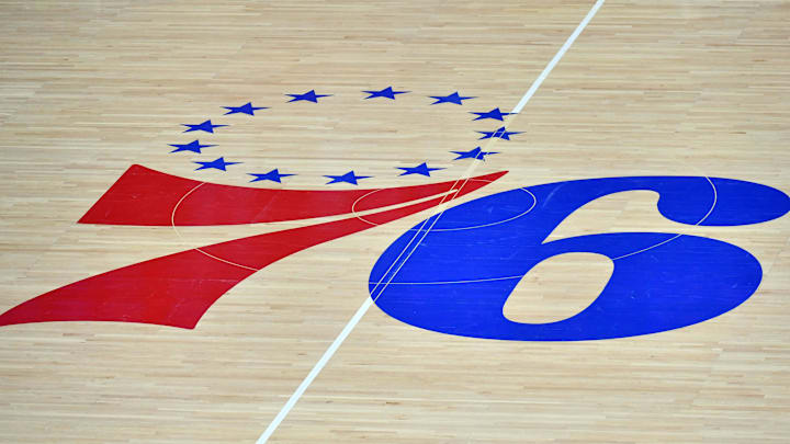 Mar 14, 2021; Philadelphia, Pennsylvania, USA; Philadelphia 76ers logo on the hardwood court against the San Antonio Spurs at Wells Fargo Center. Mandatory Credit: Eric Hartline-Imagn Images