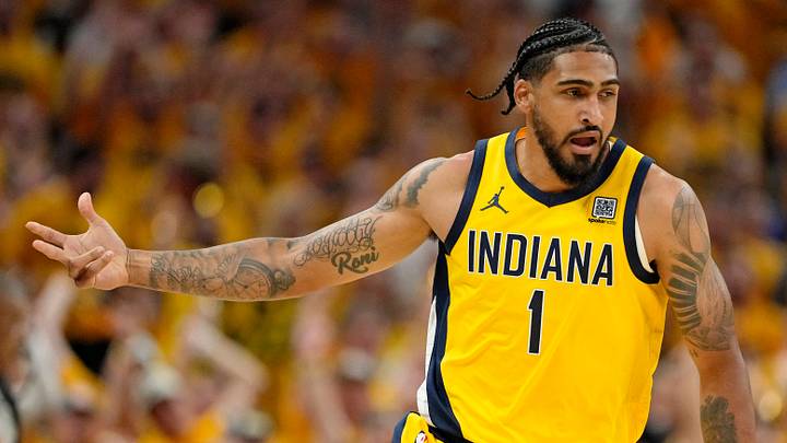 Jun 19, 2025; Indianapolis, Indiana, USA; Indiana Pacers forward Obi Toppin (1) reacts after a play against the Oklahoma City Thunder during the first half of game six of the 2025 NBA Finals between the Oklahoma City Thunder and the Indiana Pacers at Gainbridge Fieldhouse. Mandatory Credit: Kyle Terada-Imagn Images