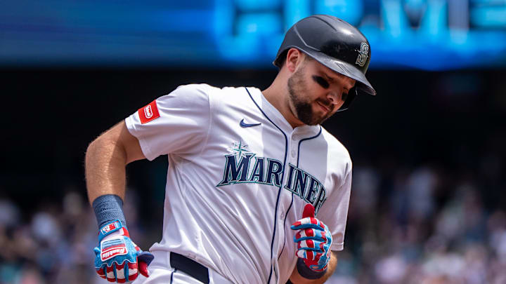 Seattle Mariners designated hitter Cal Raleigh (29) rounds the bases after hitting a two-run home run during the first inning against the Pittsburgh Pirates at T-Mobile Park on July 4. 