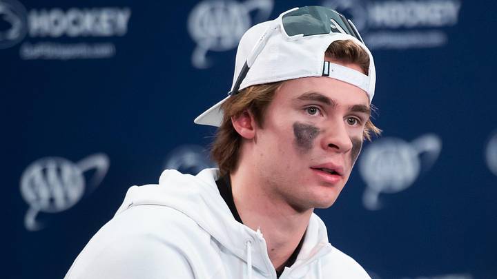 Penn State's Gavin McKenna, left, answers a question during a post-game press conference following a Big Ten hockey game against Michigan State at Beaver Stadium on January 31, 2026, in State College.